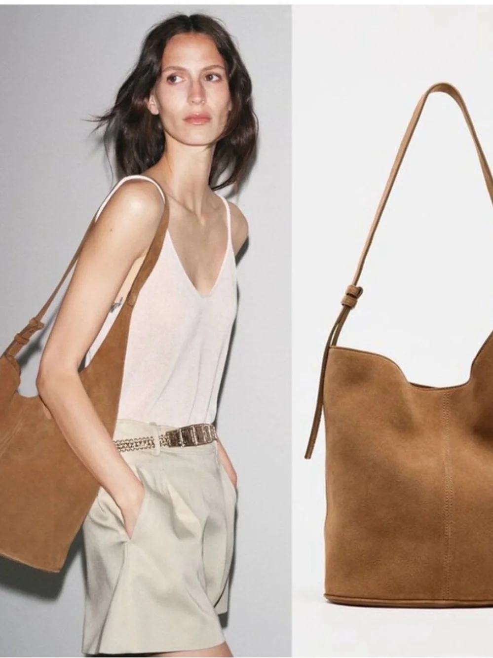 ZARA ASYMMETRIC COW LEATHER BUCKET BAG NWT